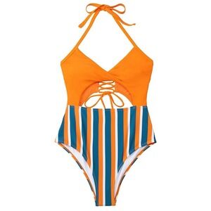 CUPSHE Women‎  One Piece Orange Swimsuit Solid V Neck Bathing Suit Sz Large